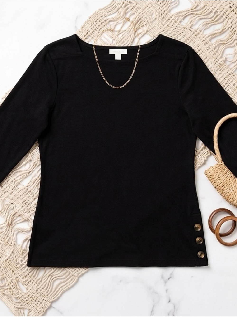 Chico's Black 3/4 Sleeve 100% cotton T-shirt Decorative Side Buttons